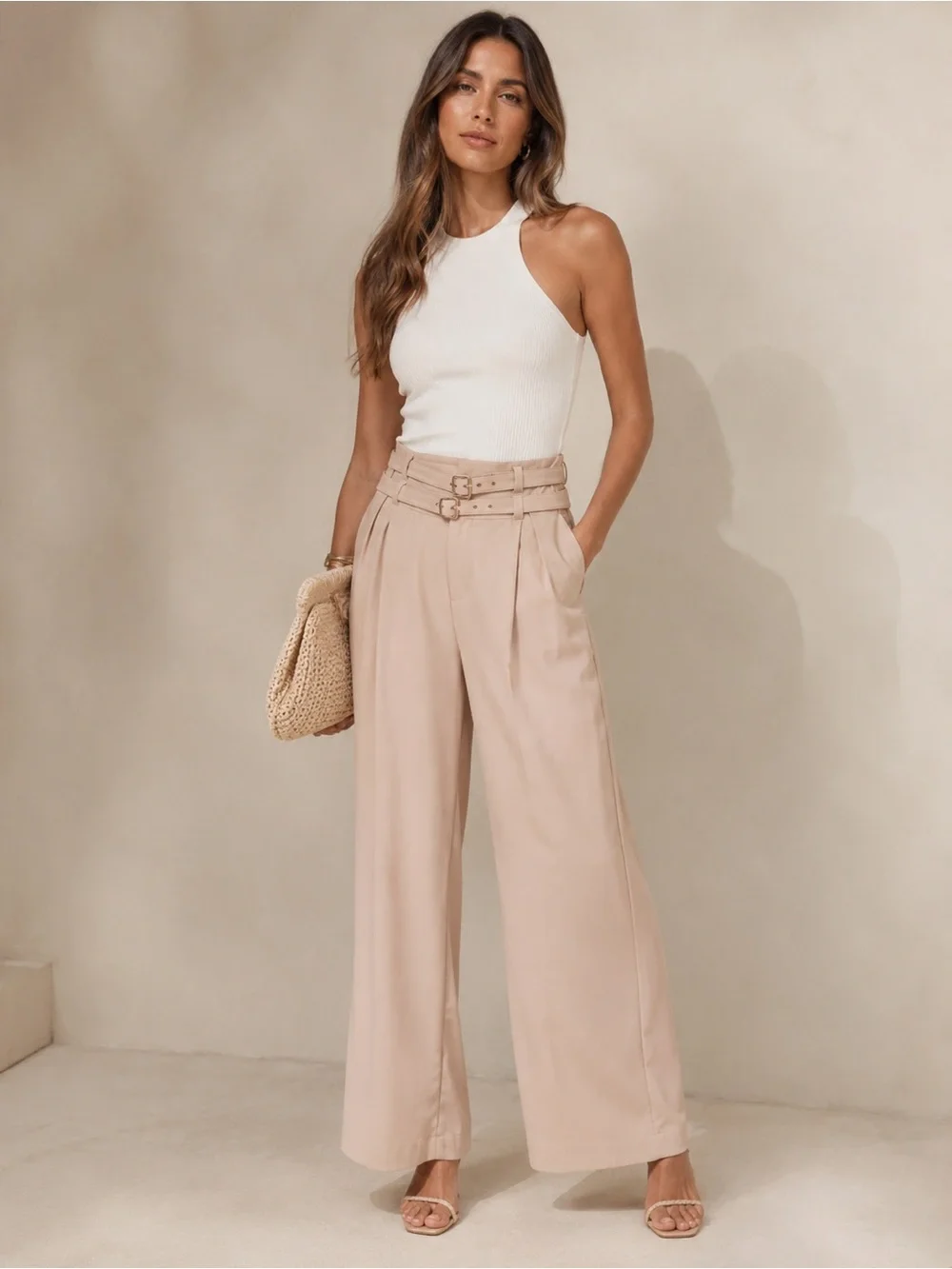 New! Amanda Uprichard Blythe High Waist Wide Leg Buckle Pants Bone 🤍 Medium NWT!